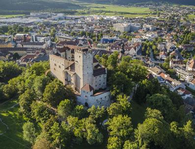Blick auf Bruneck und Schloss Bruneck im Sommer